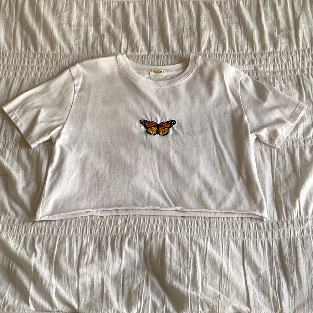JOHN GALT White Cropped Crewneck Embroidered Butterfly T-shirt Women’s Small